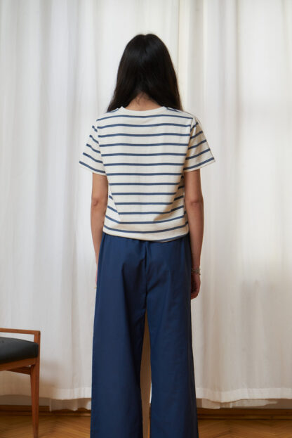 dark blue and white striped organic cotton tshirt backside.